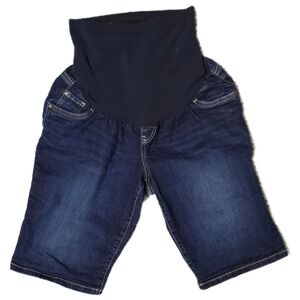 Indigo Blue Maternity Denim Shorts Large Dark Wash Over Belly Band Stretchy‎ (V)